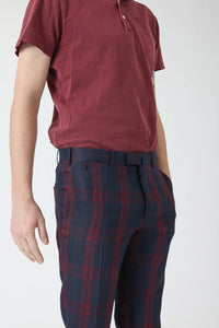 PANTALON CARREAUX MADRAS LIN BLEU SYRAH - BZV3 - BERNARD ZINS