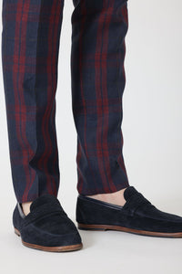 PANTALON CARREAUX MADRAS LIN BLEU SYRAH - BZV3 - BERNARD ZINS