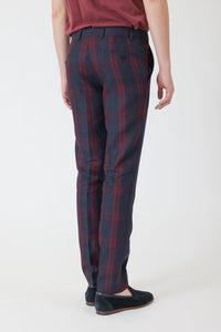 PANTALON CARREAUX MADRAS LIN BLEU SYRAH - BZV3 - BERNARD ZINS