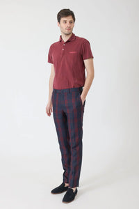 PANTALON CARREAUX MADRAS LIN BLEU SYRAH - BZV3 - BERNARD ZINS